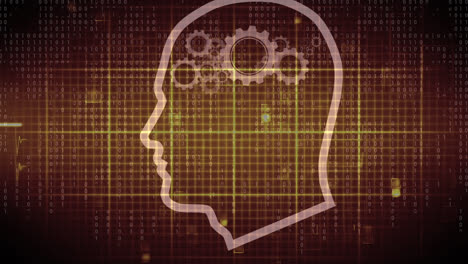 animation of humand head with cogs over binary coding and cardiograph