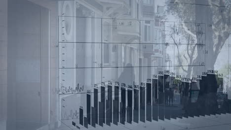 Bar graph and data chart animation over urban street scene with people walking