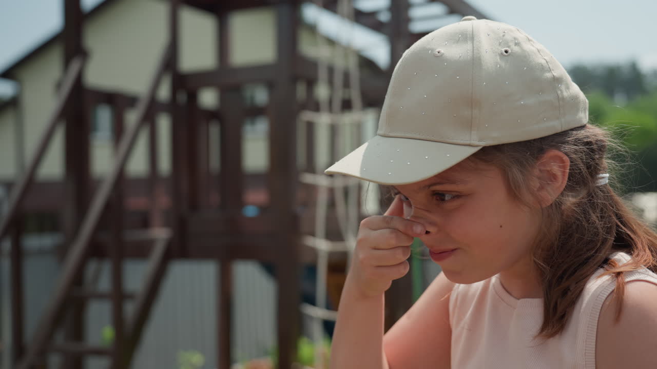 Young Girl Thoughtful On Playground Steps Wearing Cap, Subtle Emotion Visible, Summer Backyard Setting With Climbing Frame, Reflective Mood And Gentle Breeze, Close Facial Expressions
