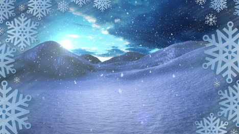 frame of snowflakes icons against snow falling over winter landscape