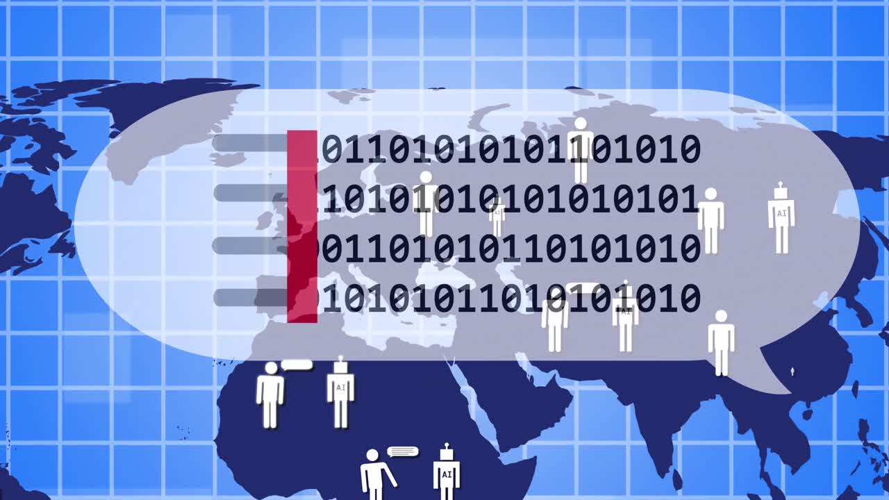 анимация двоичного кодирования обработки данных на карте мира и сетке