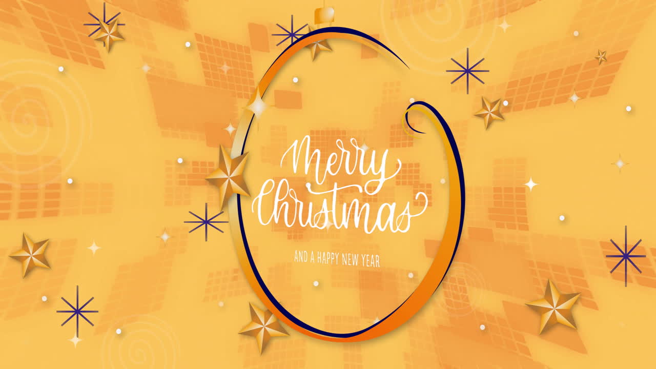 Merry Christmas and Happy New Year text animation over golden stars and patterns