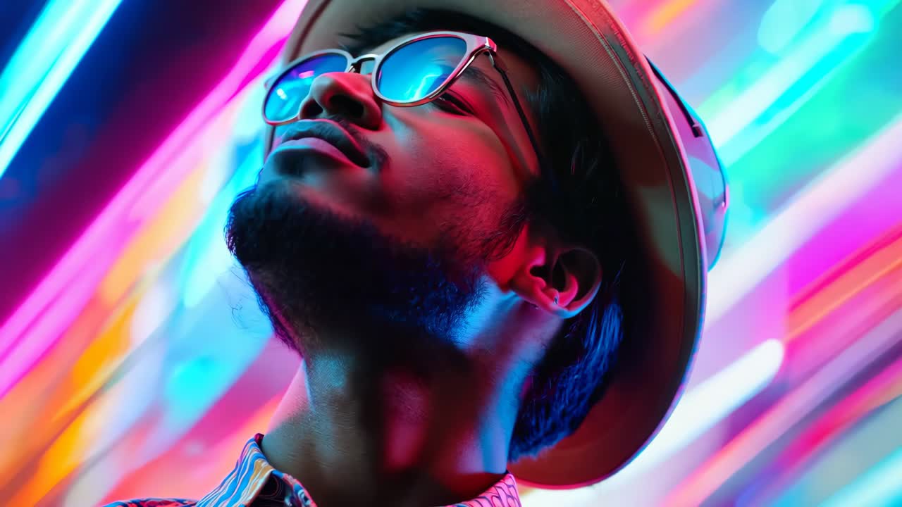 A man wearing a hat and sunglasses looking up at the sky