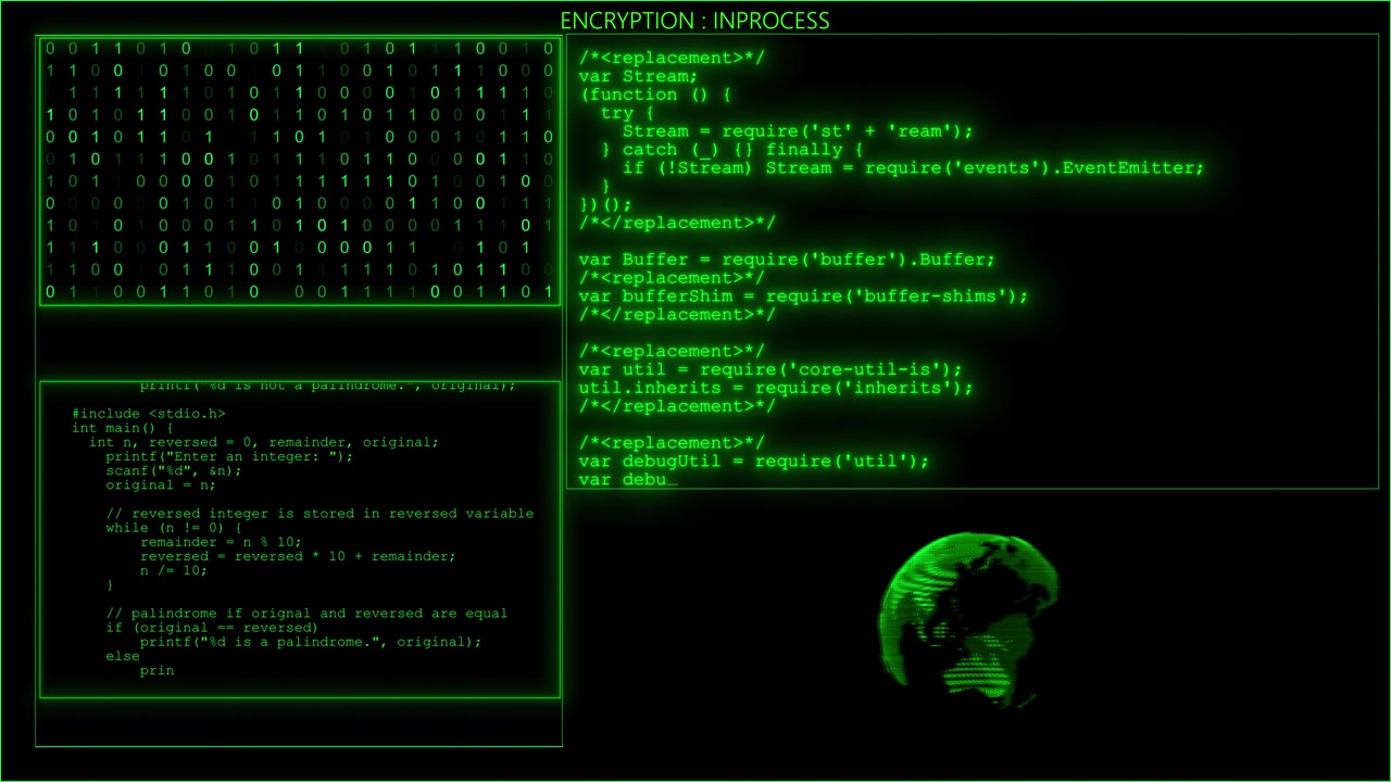 Hacker-krypteringsproces-visual med grønne kodevinduer, binære cifre, terminaltekst og mørk