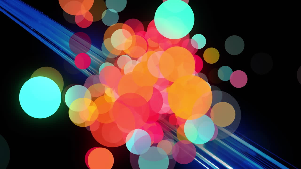 복사 공간과 함께 검은색 배경에 반이는 파란색 빛 트레일 위에 다채로운 반점의 애니메이션