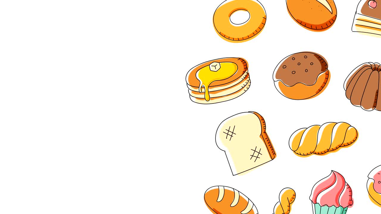 patrón de panadería en movimiento fondo dibujos animados ilustración de dibujo a mano aislada en fondo blanco animación de bucle sin costuras 4k, con espacio de copia central