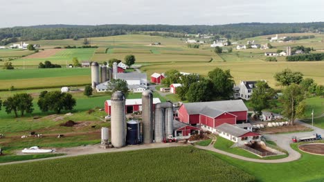 farm buildings, grain storage silos, rural american farmland and agriculture theme, aerial in narvon lancaster county pennsylvania usa