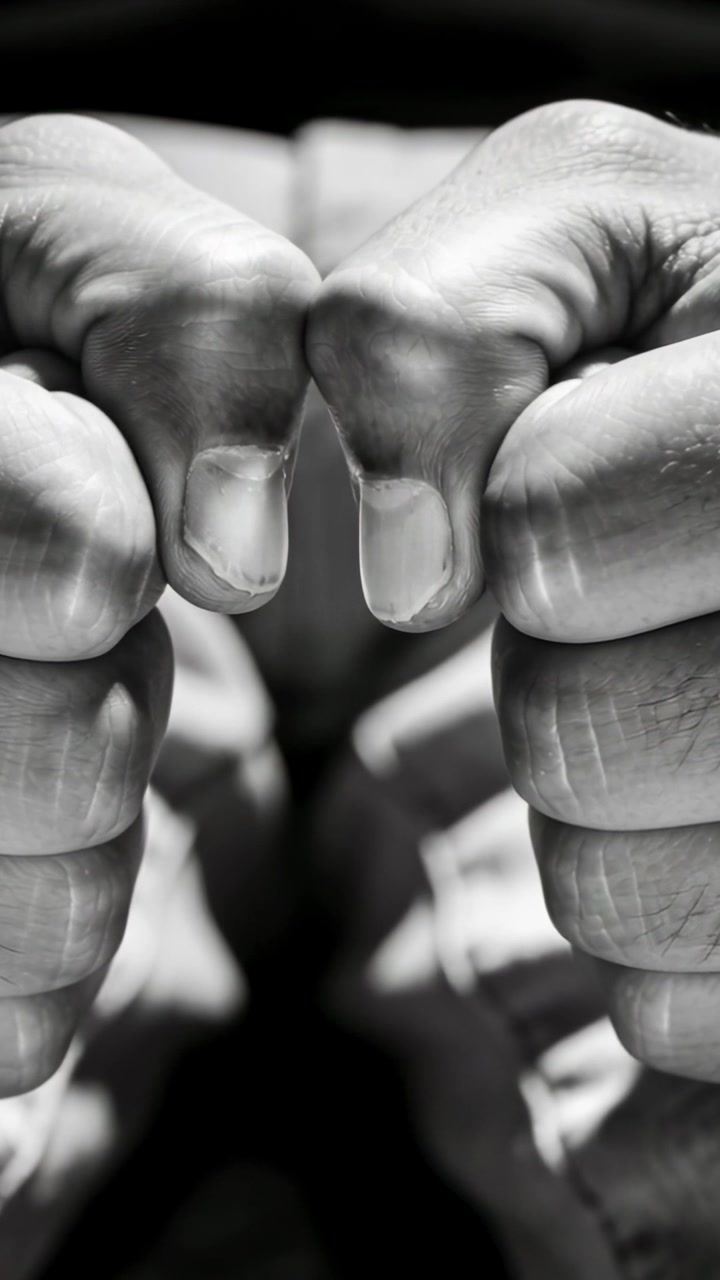 Vertical video: Advancing frame causing man's thumbs pressing, aligning on lap, with knuckles, belt