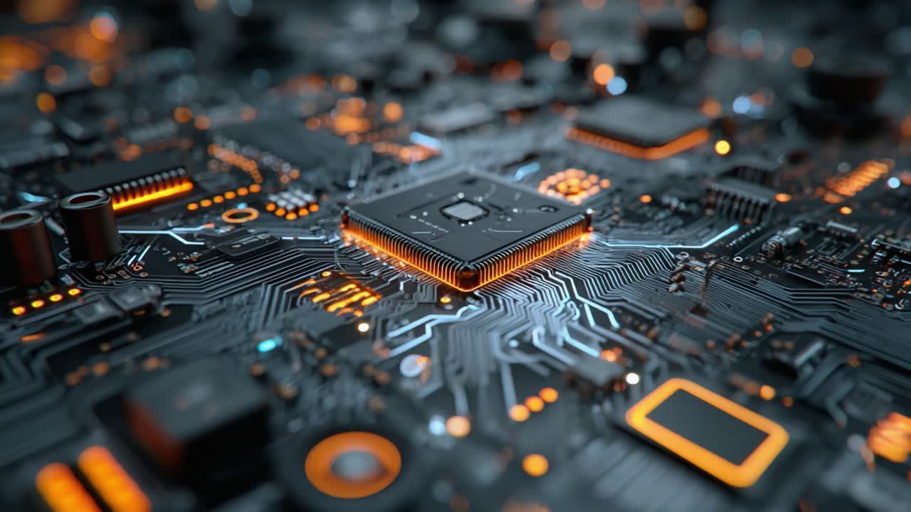 Intricate Close-up of a High-Tech Circuit Board with Vibrant Orange Highlights and Complex Electronics in a Modern Digital Environment