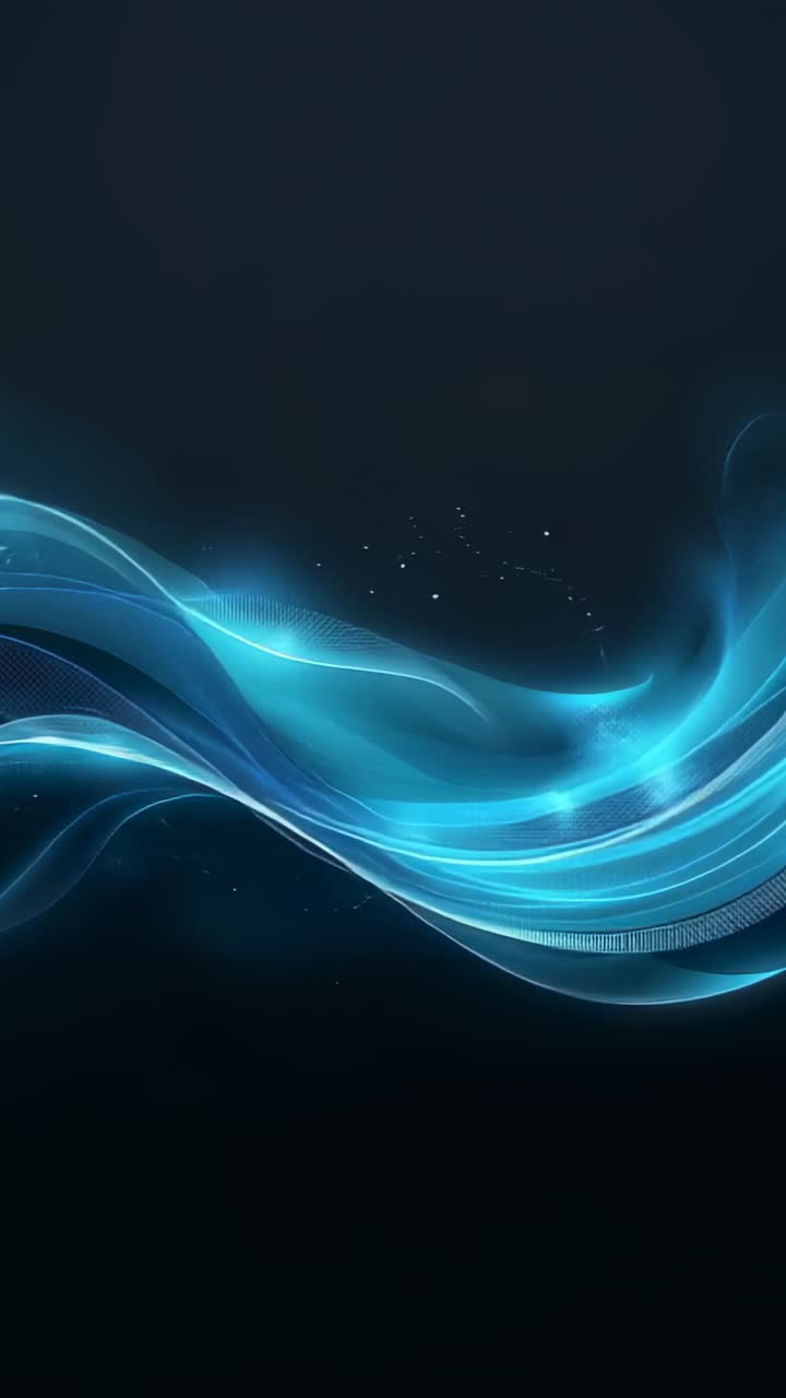 Vertical video: Moving blue ribbons flowing over dark gradient by frames with sparks forming wave