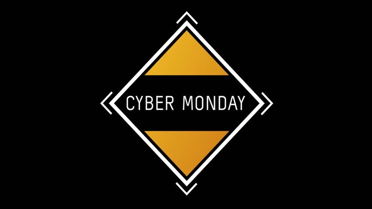 White and orange Cyber Monday text appearing against a black screen