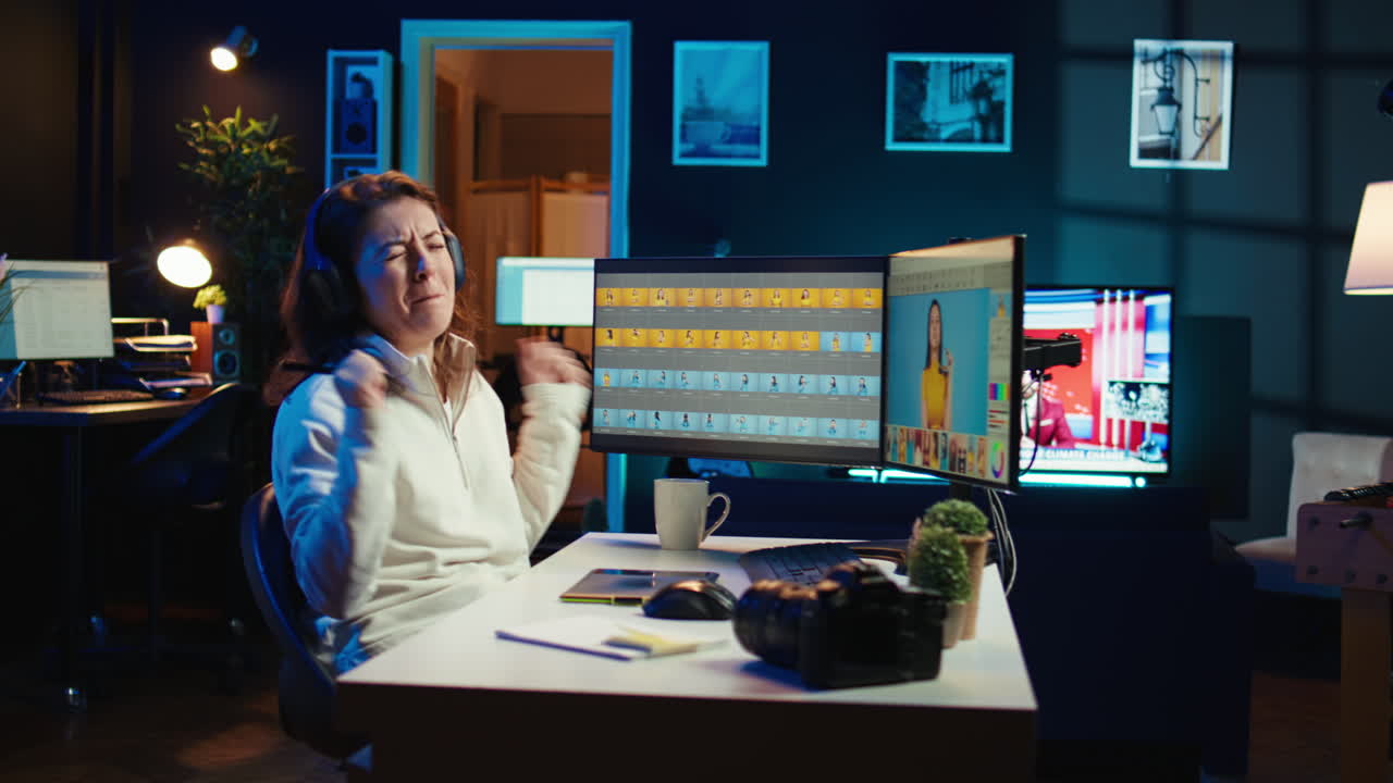 freelancer bailando en una silla mientras edita fotografías, disfrutando de la música