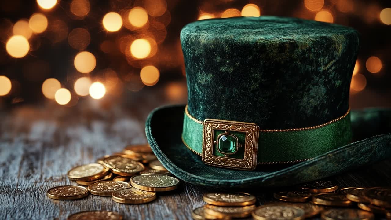 Green hat resting on gold coins. A vibrant green hat sits on a wooden surface surrounded by shiny gold coins and soft glowing lights in the background.