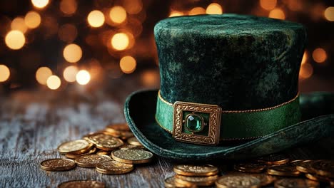 green hat resting on gold coins. a vibrant green hat sits on a wooden surface surrounded by shiny gold coins and soft glowing lights in the background.