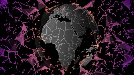 Animation of connections and digital data processing over globe on black background