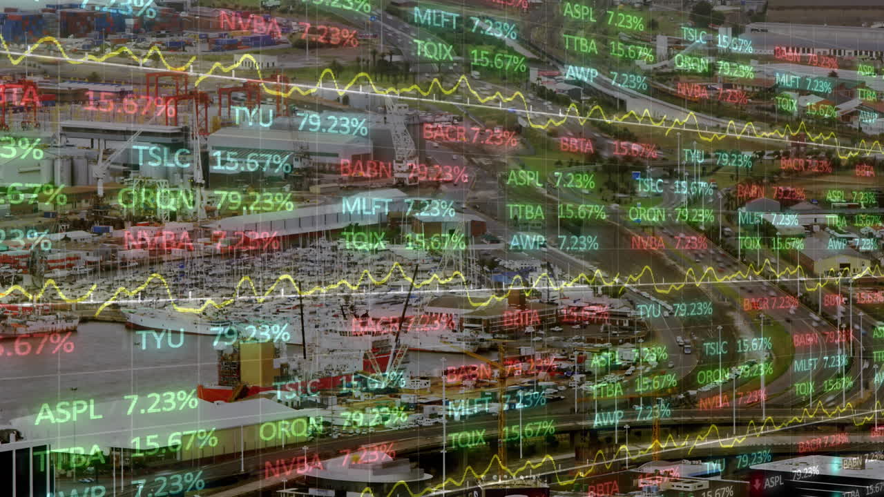 Animation der Finanzdatenverarbeitung über Stadtlandschaft
