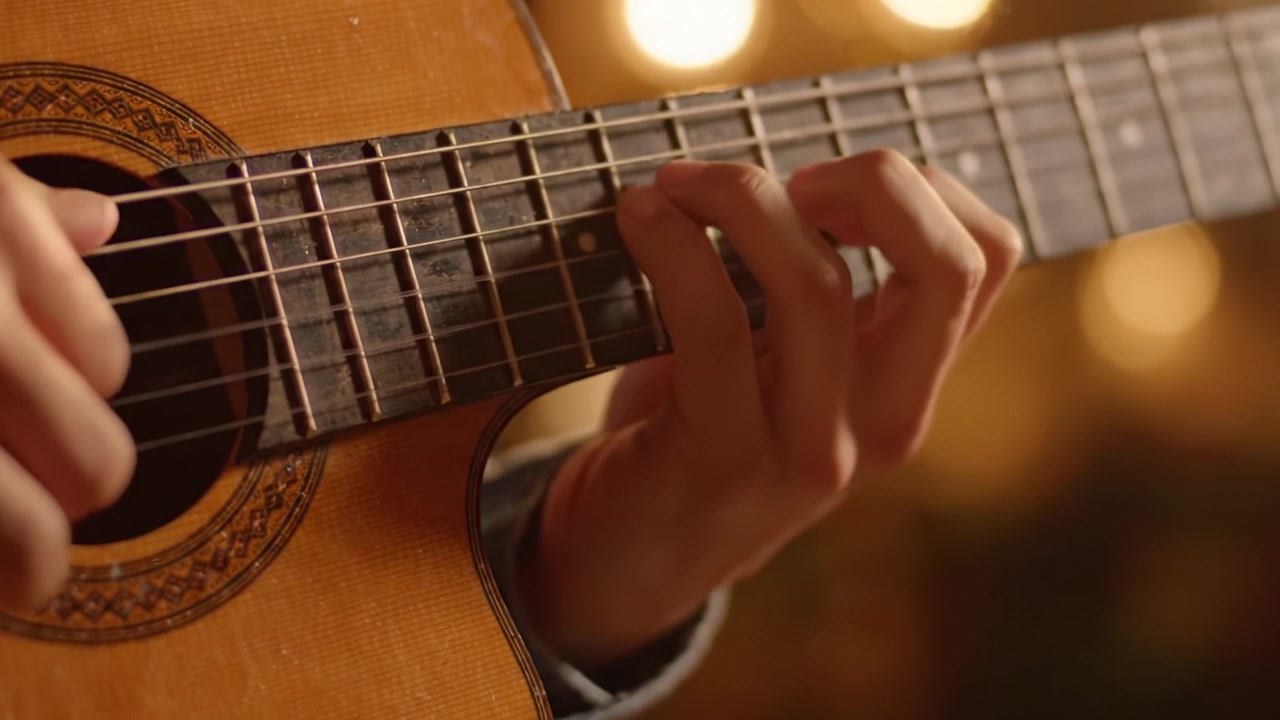 A close-up view of hands skillfully playing an acoustic guitar, showcasing the intricate details of the strings and body, creating an inviting musical atmosphere.