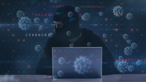 animation of a hacker hooded man in a data room over a macro coronavirus covid-19 cells floating