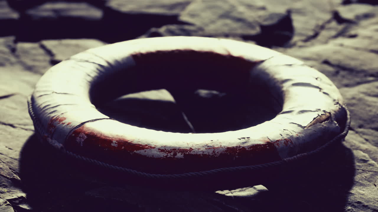 Lifebuoy resting on rocky shore near water during afternoon light