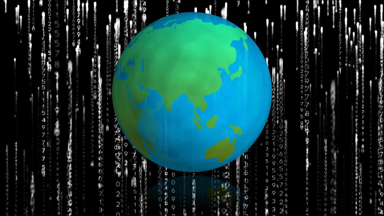 검은색 배경에 반이는 빛의 흔적 위에 회전하는 지구의 애니메이션