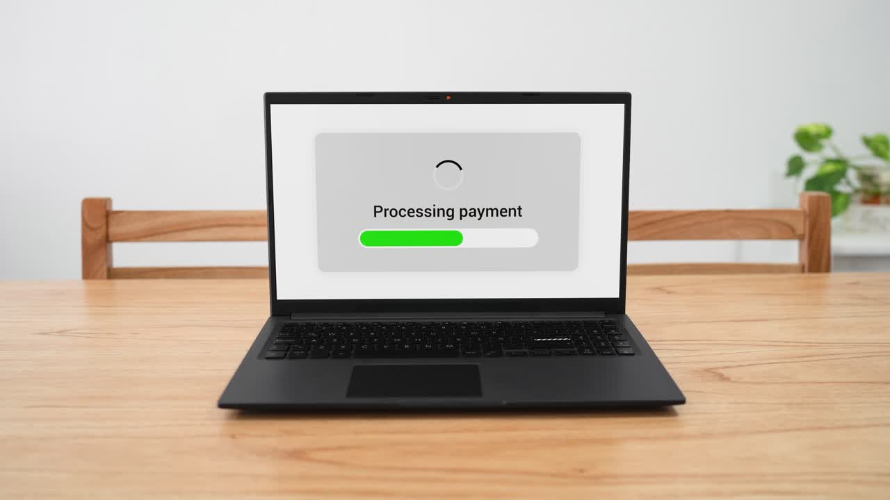 Processing online payment with green progress bar on laptop screen. Concept of transaction declined.