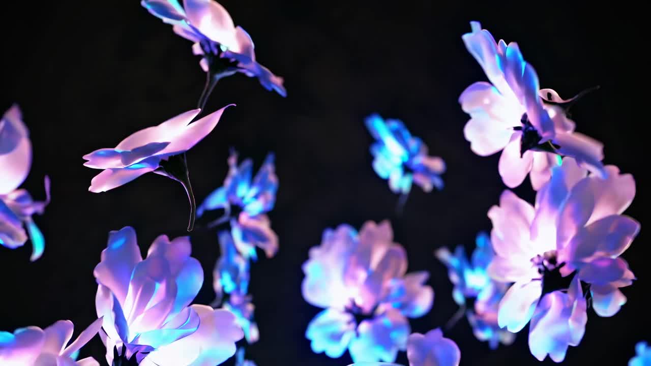 Surreal video of glowing flowers floating in darkness, captured from a low-angle
