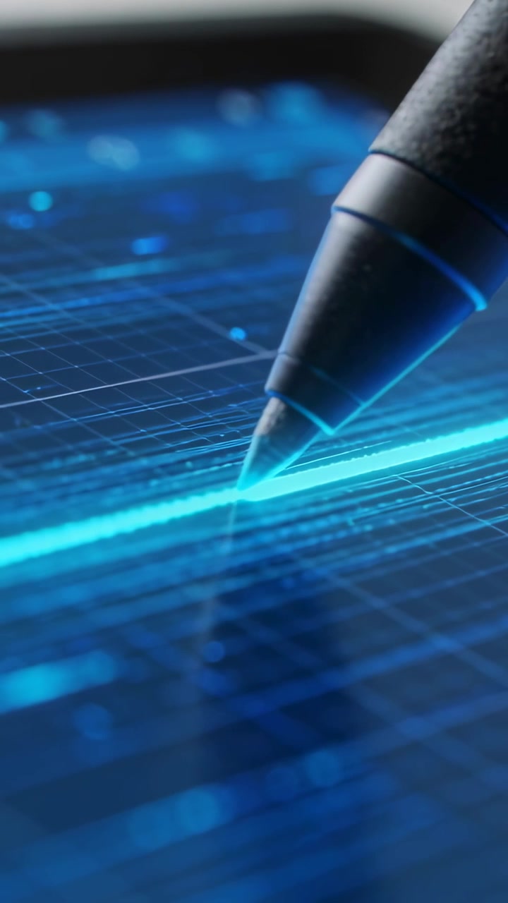 Vertical video: Hovering stylus tip contacting screen, tracing cyan line for drawing, copy space
