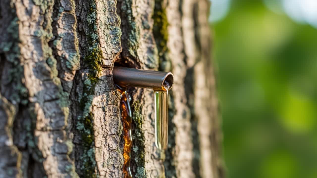 Close-up of Sap Flowing from Tapped Tree: Observing the Process of Natural Sap Extraction in a Forest Setting, Showcasing the Beauty of Nature's Resources