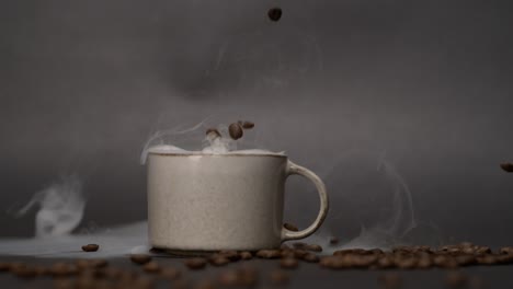 coffee bean falling into a mug filled with smoke in super slow motion