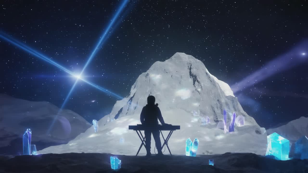 Silhouette of a musician playing a synthesizer in a crystal landscape