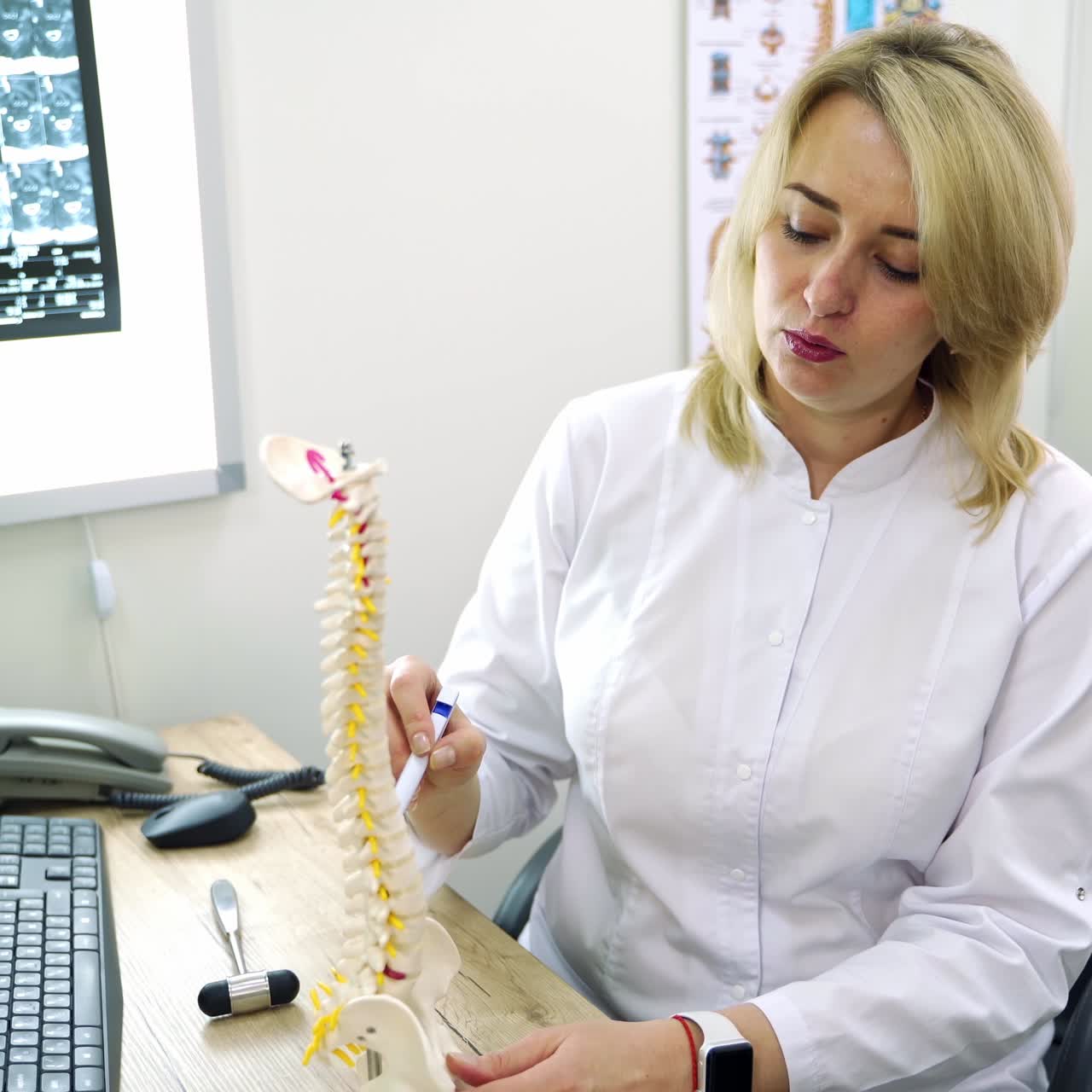 Neurologist explaining the functioning of a spine with the help of a plastic model. Smiling positive female medic in white robe working in the light cabinet