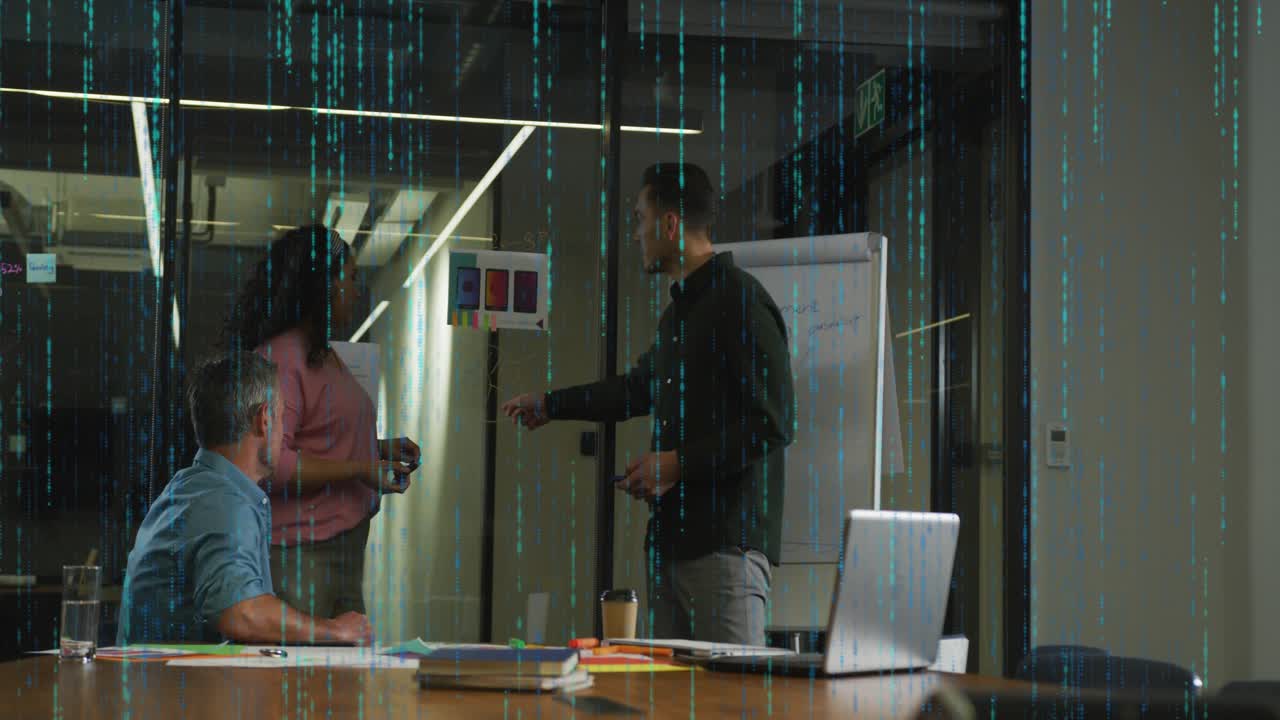 Woman showing swatch and causing presenter writing on chart for design decision, green-blue overlay