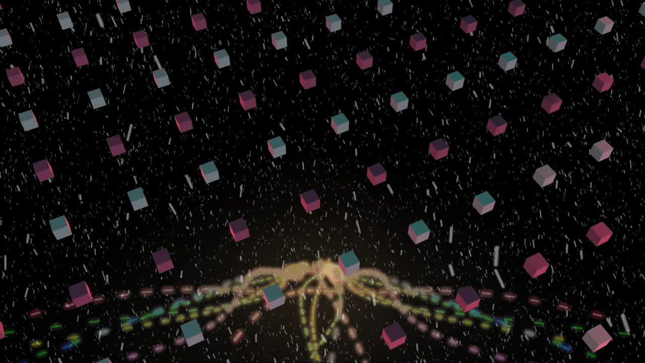 Creating dynamic animation, colorful cubes and abstract lines on black background