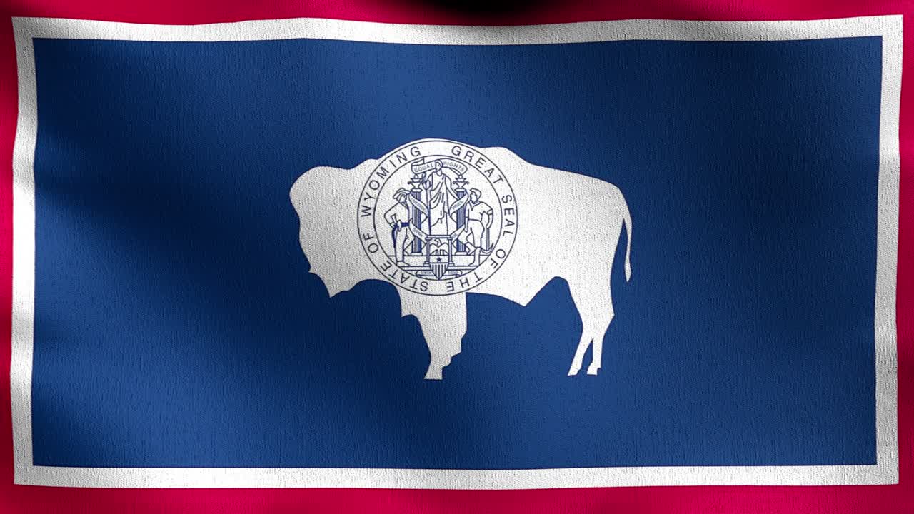 미국 와이오밍 주 발 (wyoming state flag in the united states of america, usa) 이 바람에 날아다니며 고립된 공식 애국적 추상 디자인, 흔들리는 표지 기호의 3d 렌더링 일러스트레이션.