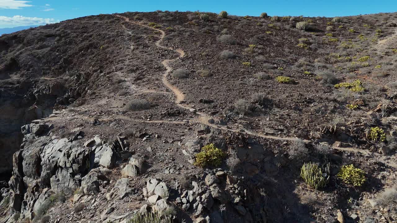 un sendero sinuoso en terreno volcánico en tenerife, que muestra paisajes escarpados bajo cielos soleados