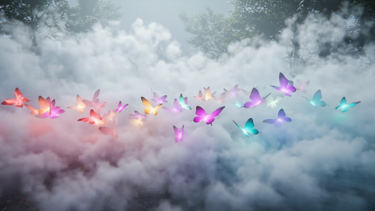A Mesmerizing Dance of Ethereal Butterflies in a Misty Enchantment, Capturing Nature’s Beauty and Transcendence Amidst a Dreamlike Landscape