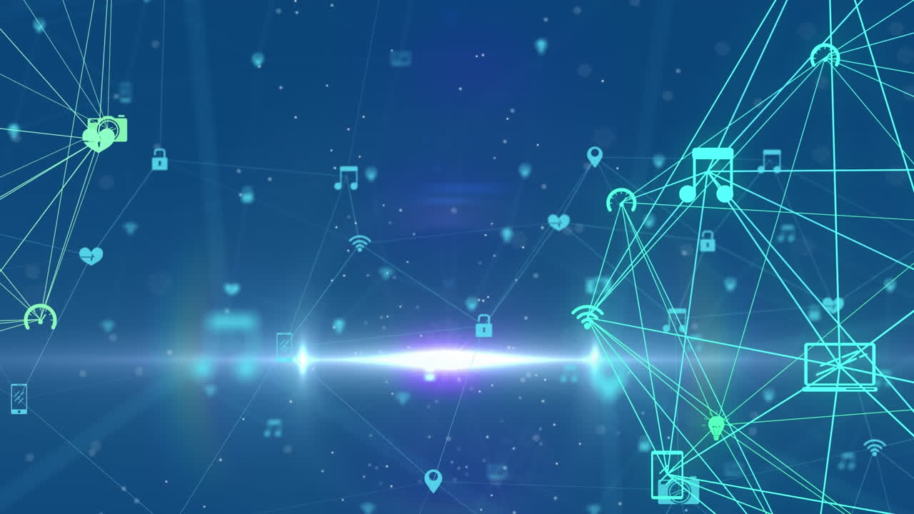 연결된 아이콘의 애니메이션은 파란색 배경에 점 위에 지구를 형성합니다.