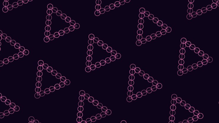 Motivo futuristico al neon di anelli e triangoli su sfondo scuro