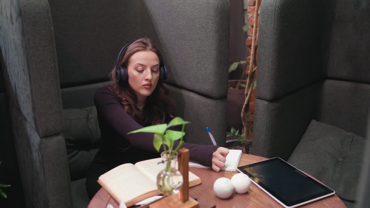 Focused woman wearing headset writes in notebook while referencing open brown book on wooden table with tablet, potted plant, seated inside modern gray booth with soft lighting