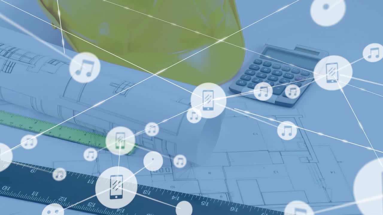 Animation of network of music and media icons over calculator, hard hat and blueprints on desk