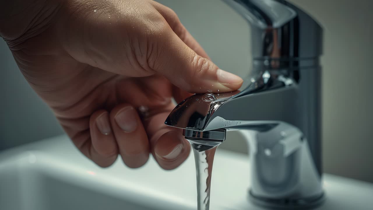 Close-up of a Modern Chrome Faucet with Running Water