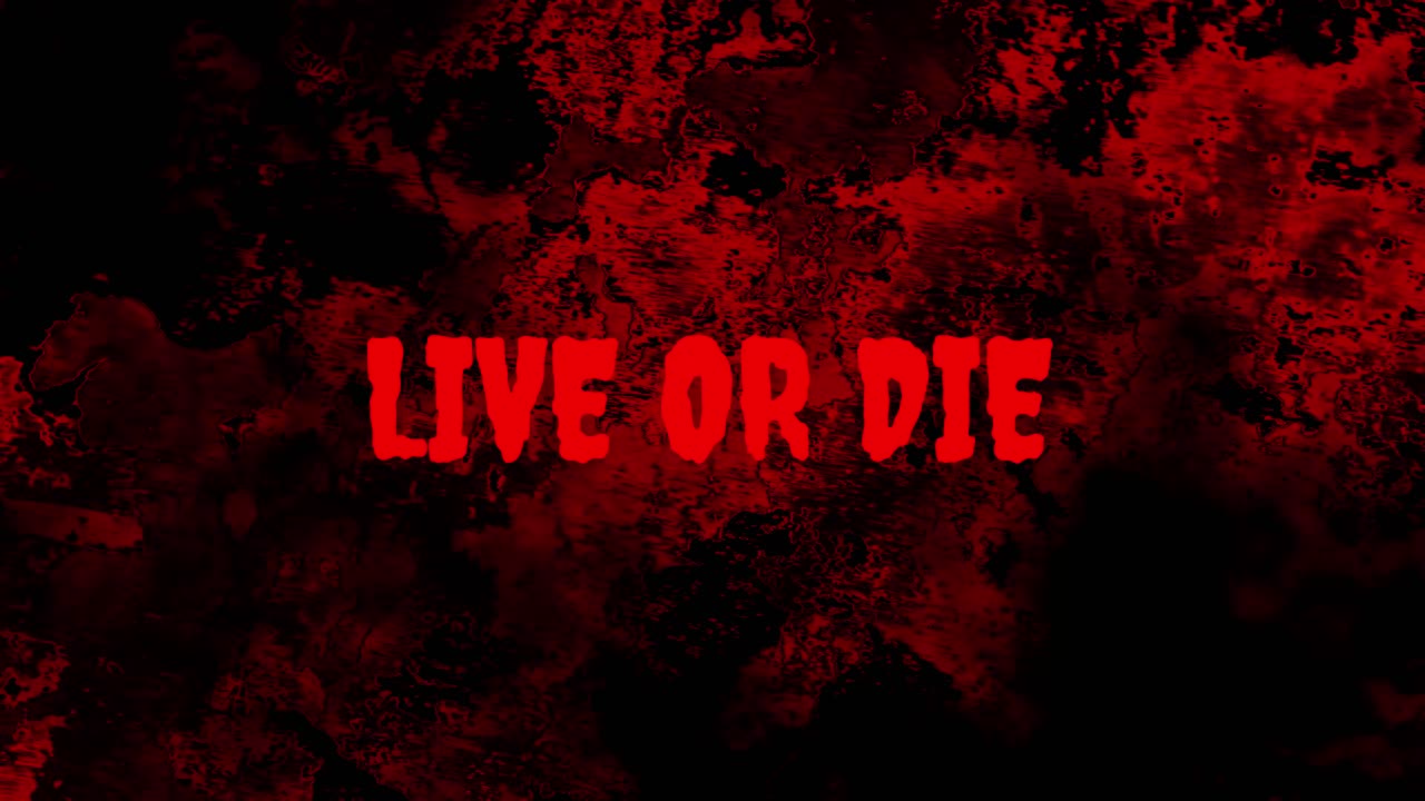 Pulserende "Live or Die"-tekst på mørkerød grunge-baggrund