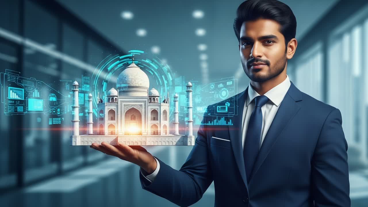 A professional man in a business environment showcasing a holographic model of a famous landmark, demonstrating the merging of technology and culture through augmented reality