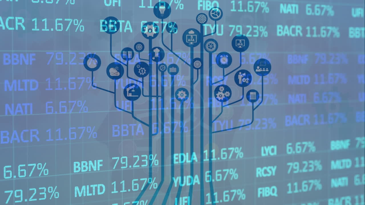 Animation of technology icons over stock market data on green background