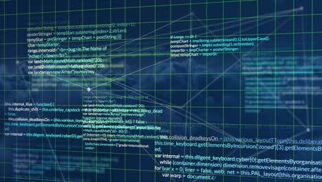 animation of connected dots and computer language with grid pattern over abstract background