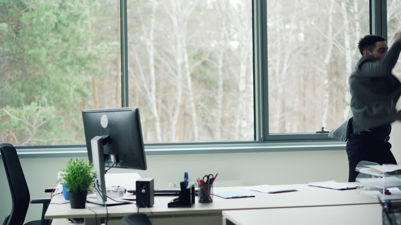 Happy employee leaving office