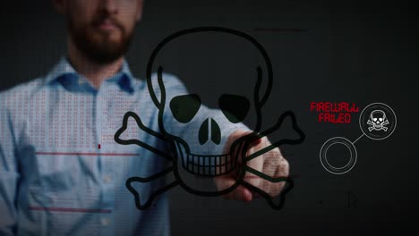 el hombre está tratando de salvar un sistema que está infectado por un virus informático - animación de holograma generada digitalmente