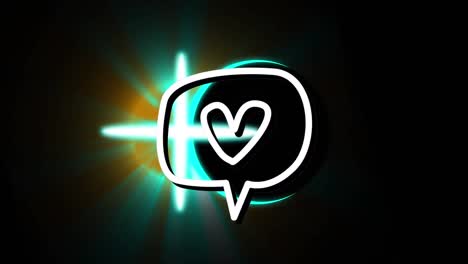 Animation-of-heart-icon-in-speech-bubble-over-glowing-green-cross-on-black-background