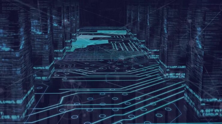 Animation of data processing with connecting dots, hud elements on digital interface in server room