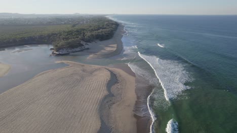 Scenic-View-of-Currimundi-Lake-and-Creek,-Sunshine-Coast,-Queensland,-Australia,-Aerial-Pullback-Shot